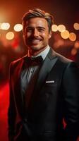 Elegant man in tuxedo smiles confidently at an evening gala event with warm ambient lighting photo