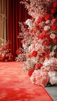 Elegant floral arrangement and vibrant red carpet create a stunning atmosphere for a special event in a luxurious indoor venue photo