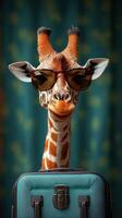 Giraffe with glasses and suitcase poses in a vibrant setting during daylight photo