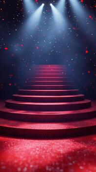 Elegant red carpet staircase surrounded by floating petals in a dimly lit venue photo