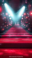Illuminated red carpet leading to a stage with bright lights in a festive celebration setting at night photo