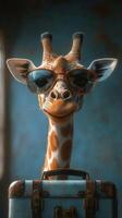 Giraffe wearing sunglasses and holding a suitcase in a stylish interior photo