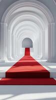 Elegant red carpet leading through a series of white arches in a grand hall setting photo