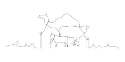 Continuous line of Eid Al Adha banner design. Cow, goat, camel background for Muslim Community Festival. Eid Al Adha in doodle one line style. vector