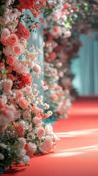 Beautiful floral display along a red carpet at an elegant event in a bright venue during daytime photo