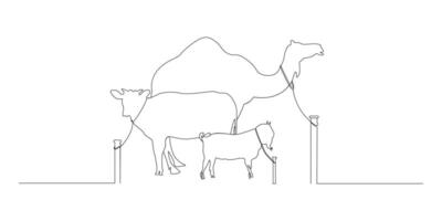 Continuous doodle one line style of Eid Al Adha banner design. Cow, goat, camel background for Muslim Community Festival. vector