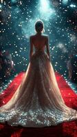 Glamorous evening gown shines on the red carpet during a dazzling awards ceremony at night photo