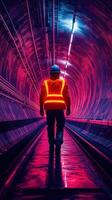 Worker walking through a neon-lit tunnel in a construction site during nighttime photo