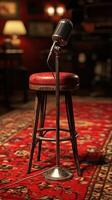 Vintage microphone on a wooden stool surrounded by warm lights in a cozy venue during an evening music session photo