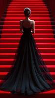 Elegant woman in black gown stands on red carpeted stairs in a dramatic setting during an evening event photo
