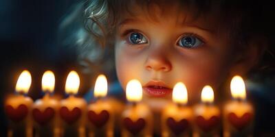 Child gazes with wonder at glowing candles during a festive celebration in a dimly lit room photo