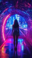 Colorful urban tunnel showcasing vibrant city lights with a silhouette of a woman at night photo