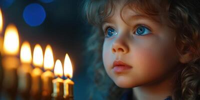 Young child gazing at lit candles during a festive celebration with wonder and joy photo