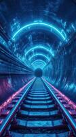 Neon-lit underground tunnel with railway tracks heading into darkness at night photo