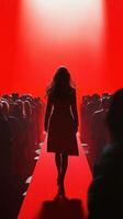 Bold fashion show with vibrant red lights illuminating the runway and a model walking confidently among a captivated audience photo