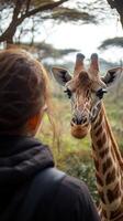 Close encounter with a curious giraffe in a wildlife reserve during morning hours photo