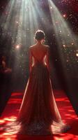 Model walks on red carpet in sparkling gown under dramatic lighting at evening fashion event photo