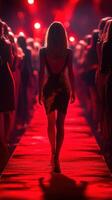 Fashion model walks the runway under dramatic red lights during a high-energy fashion show in an urban venue photo