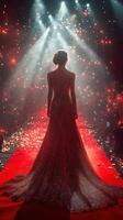 Elegant model showcasing a stunning red gown on a vibrant runway during a glamorous fashion event at night photo