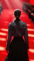 Fashion model walks the runway in striking red-lit venue during a high-profile event showcasing contemporary designs photo