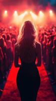 Woman in stunning dress stands at the edge of a vibrant crowd during a lively event with bright stage lights photo