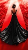 Elegance captured in a flowing black gown on a crimson carpet under dramatic lighting photo