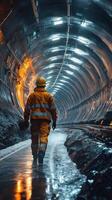 Worker inspects dark tunnel construction site with orange and blue lighting during late evening hours photo