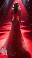 Elegant model poses in a shimmering red gown on a spotlighted runway during a gala event photo