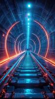 Vibrant futuristic tunnel with glowing lights and railway tracks at night photo