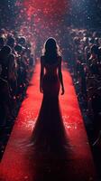 Elegant model walks down the runway in a stunning red gown amidst a captivated audience during a fashion event photo