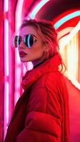 Stylish woman in red jacket and sunglasses poses in vibrant neon-lit corridor at night photo