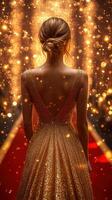 Elegant woman in shimmering gown stands on red carpet with sparkling backdrop at a glamorous event in the evening photo
