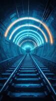 Neon-lit tunnel illuminating railway tracks in an underground urban setting at night photo