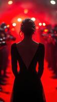 Elegant figure in a striking black dress stands before red backdrop at a glamorous event with photographers capturing the moment photo