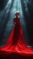 Woman in a red gown standing in dramatic lighting with mist and shadows photo