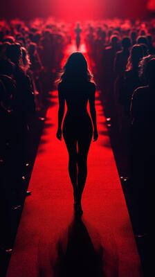 Model walks confidently down a red carpet amidst a captivated audience during a fashion event in an illuminated venue