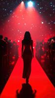 Model walks down a red carpet during a fashion show in an elegantly lit venue filled with spectators photo