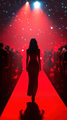 Model walks down a red carpet during a fashion show in an elegantly lit venue filled with spectators