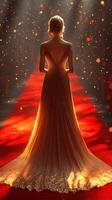 Elegant woman in a shimmering gown walks the red carpet at a glamorous event with a radiant backdrop of lights photo
