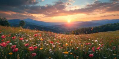Vibrant wildflower meadow at sunset in a mountainous landscape with colorful blooms and a serene sky photo