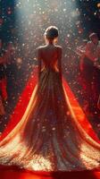 Elegant woman in shimmering gown walks the red carpet during a glamorous event at night with sparkling lights around photo
