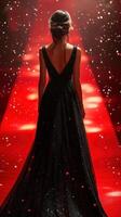 Elegant figure in a sparkling black gown walks toward bright red lights on a glamorous runway during a fashion event photo