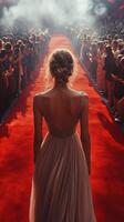 Elegant figure walks along red carpet at glamorous event surrounded by enthusiastic crowd in evening light photo