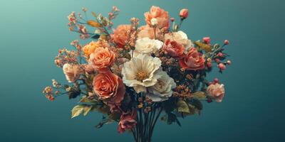 Beautiful arrangement of colorful flowers in a modern vase against a soft background photo