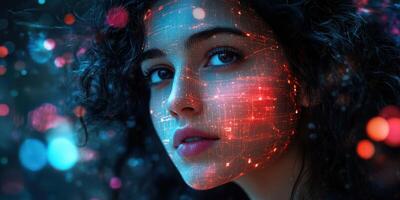 Futuristic woman with glowing digital patterns on face in a dark environment during evening hours photo
