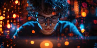 Young person focused on computer screen surrounded by glowing digital elements at night in a dark room photo
