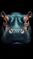 Hippo's captivating gaze in detailed close-up against a dark background emphasizes its unique features and natural beauty photo
