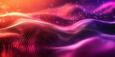 Colorful wave patterns with glowing particles in a digital abstract landscape at sunset photo