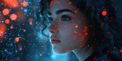 Portrait of a young woman with illuminated facial patterns showcasing a blend of technology and beauty during a nighttime setting photo