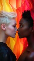 Close encounter of two diverse women against a vibrant colorful backdrop during a creative photoshoot photo